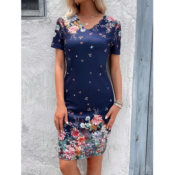 Floral Pattern Navy Blue Slim Dress Knee Length - Picture 6 of 7